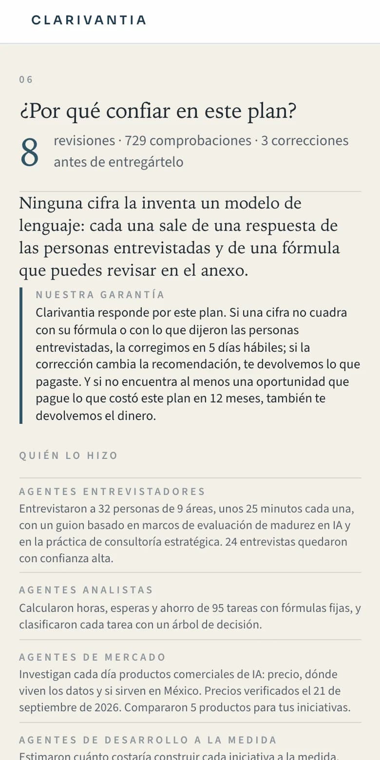 Pantalla 06 del plan: quién lo hizo, las 8 revisiones con sus comprobaciones y lo que se corrigió antes de entregarlo